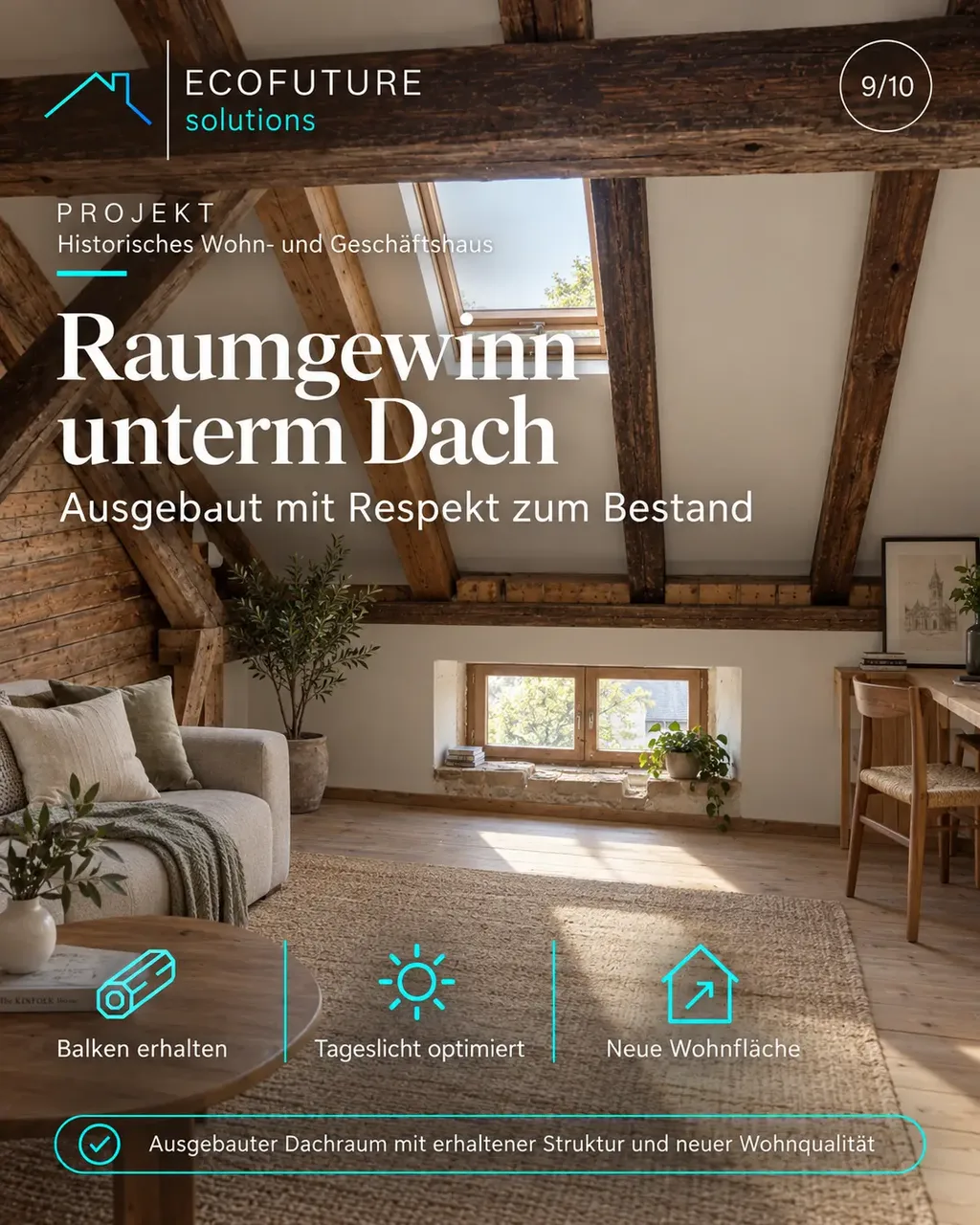Visualisierung des ausgebauten Dachraums mit sichtbaren Holzbalken