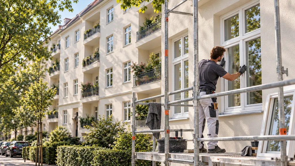 Fenstermontage vom Gerüst an der Fassade eines Mehrfamilienhauses