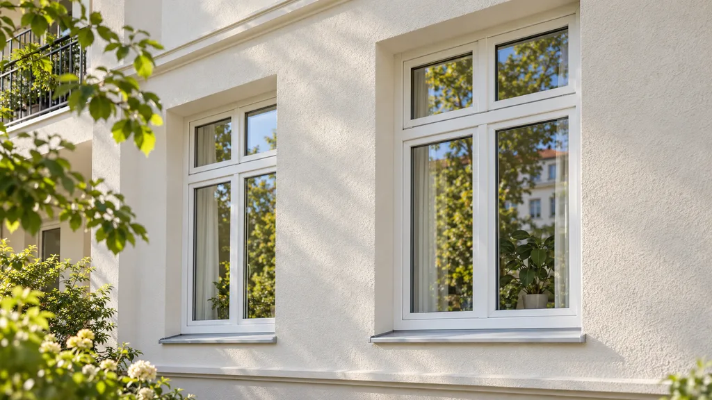 Erneuerte Fenster in einer hellen Putzfassade