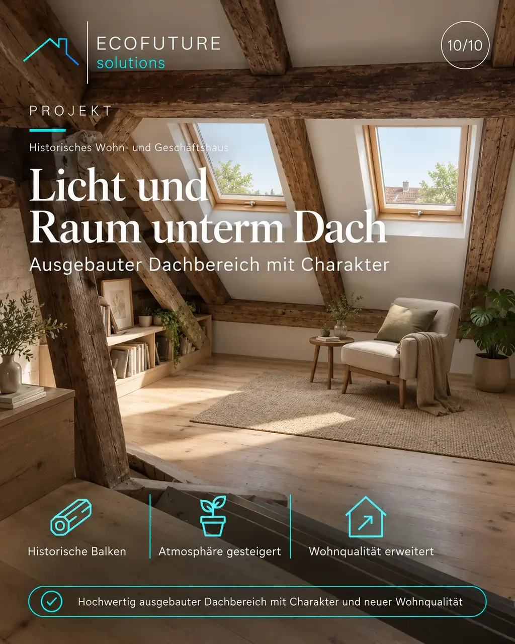 Visualisierung des hellen Dachgeschosses mit zwei Dachfenstern