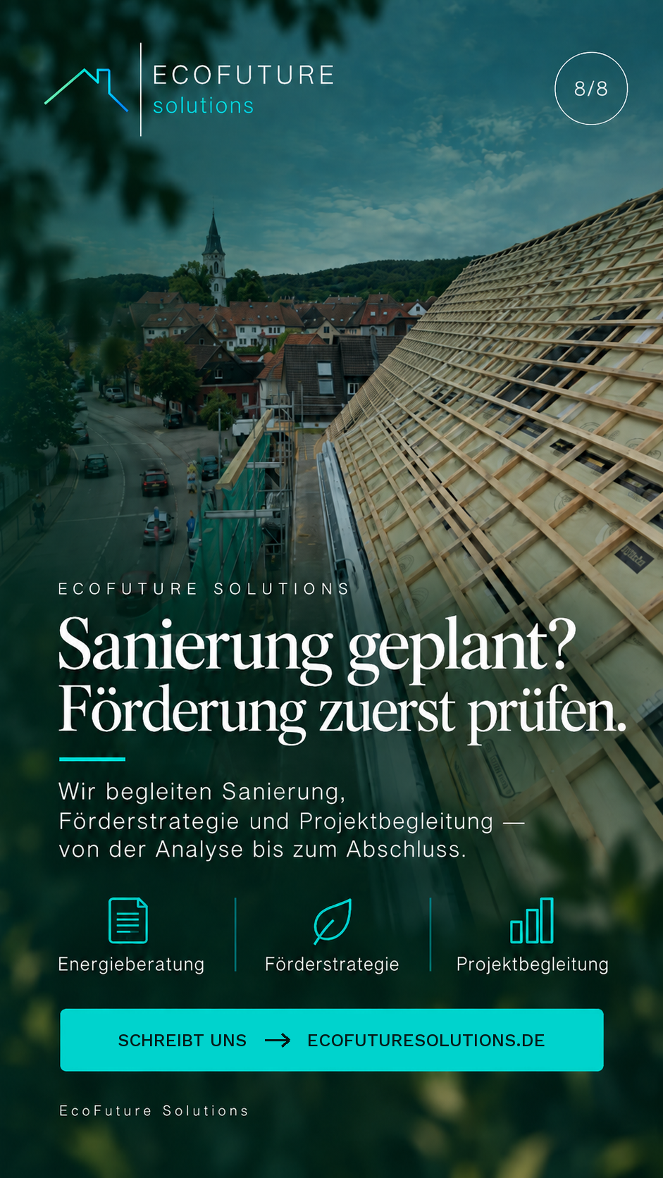 Übersicht über die abgeschlossene Dachsanierung und Förderbegleitung.