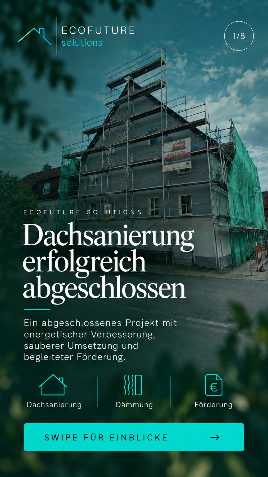 Mehrgeschossiges Bestandsgebäude während der energetischen Dachsanierung.