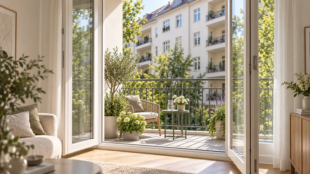 Blick durch eine geöffnete Balkontür auf einen begrünten Balkon