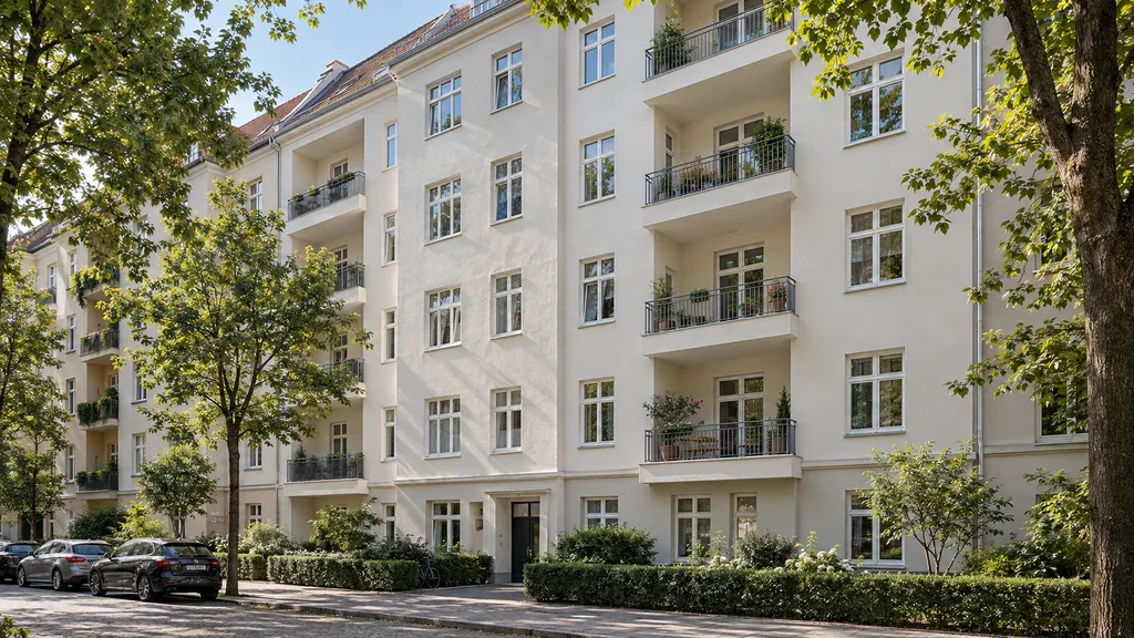 Außenansicht eines sanierten Mehrfamilienhauses mit Balkonen in Berlin-Schöneberg