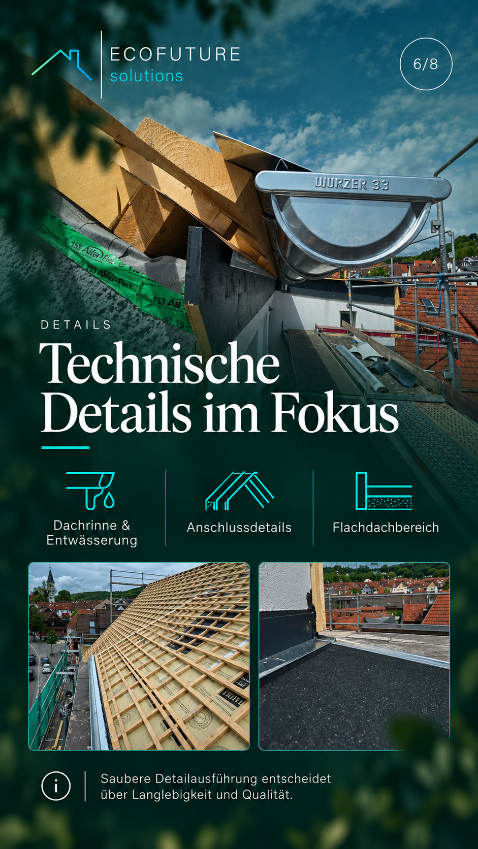 Anschlussdetails und Entwässerung des sanierten Dachs.