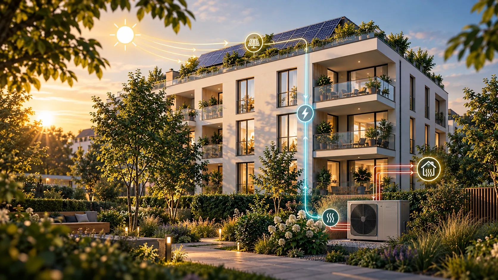 Visualisierung des Energiekonzepts: Photovoltaik auf dem Dach und Luft-Wasser-Wärmepumpe