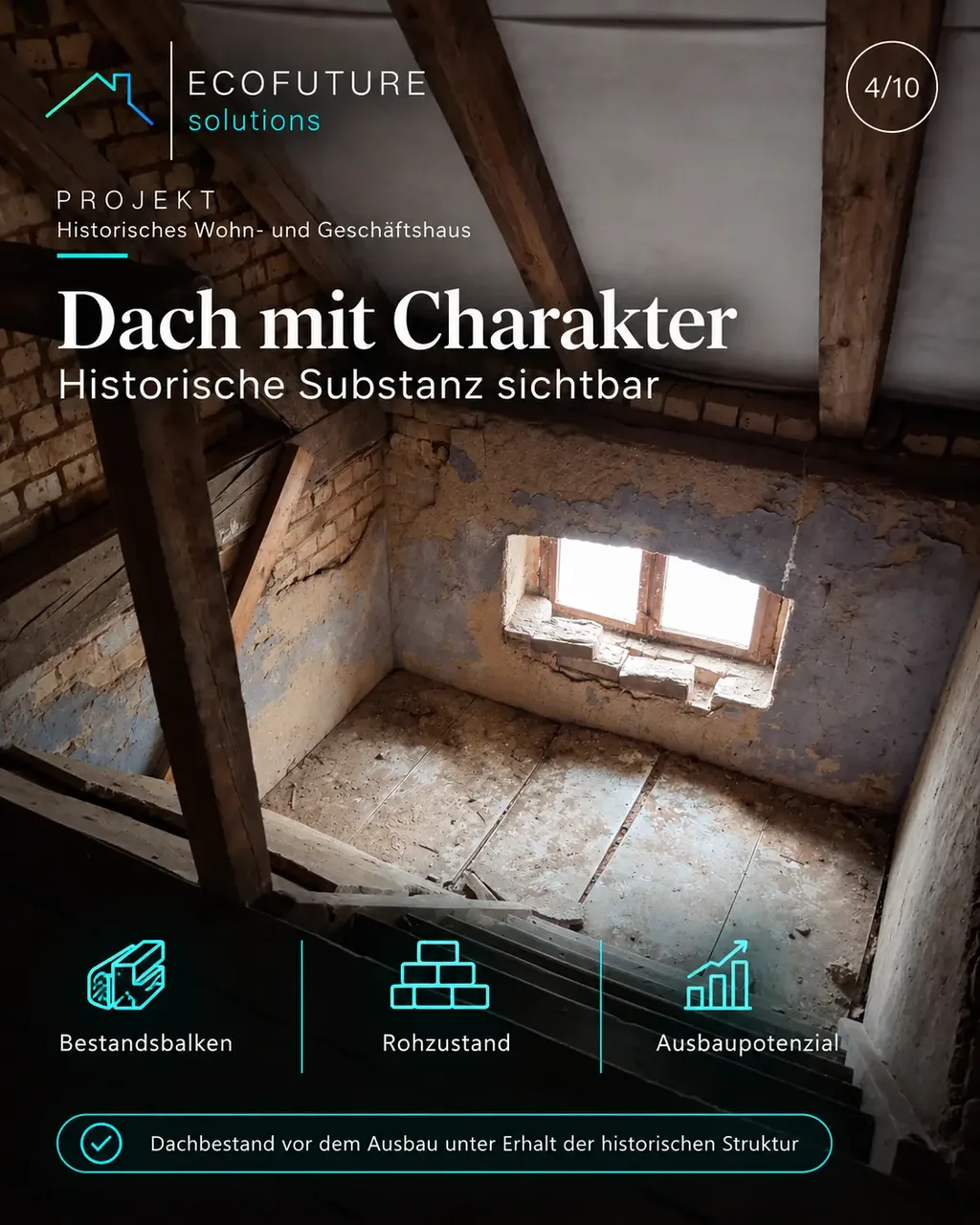 Unausgebauter Dachraum mit historischen Holzbalken