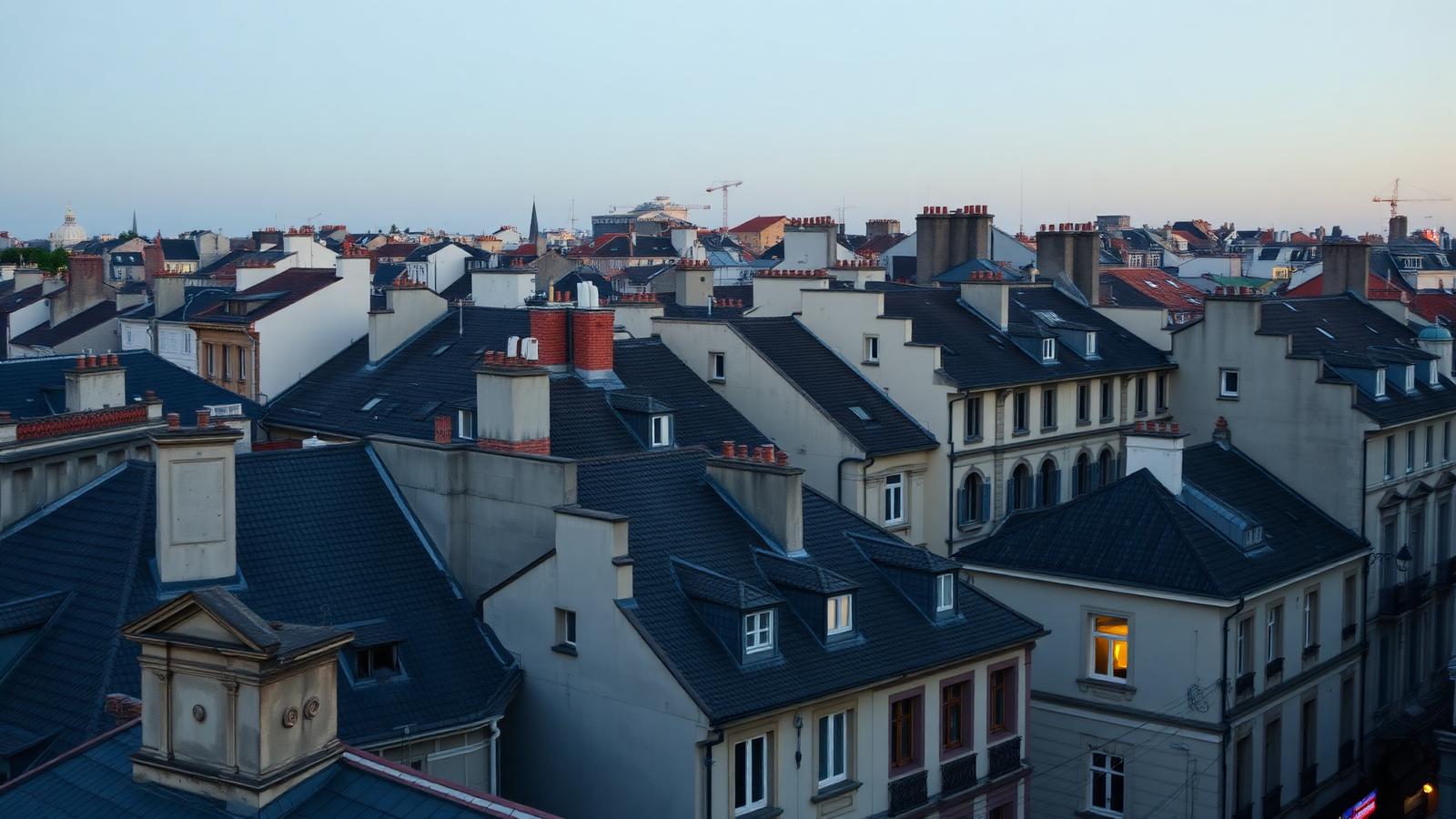 Bestandsimmobilien eines städtischen Quartiers in der Dämmerung