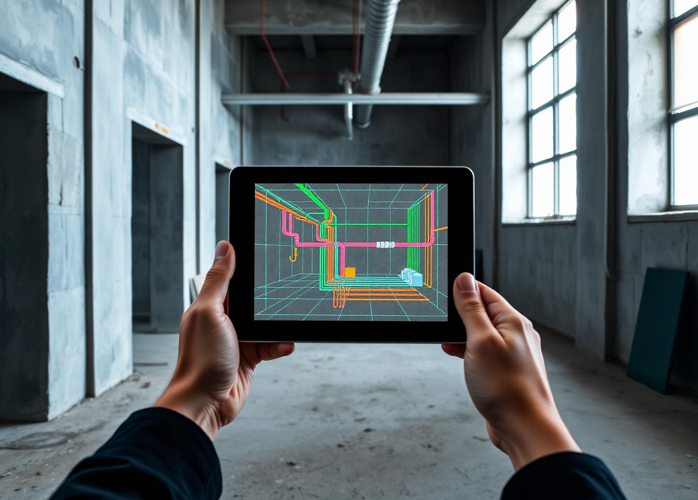 Tablet mit eingeblendetem Gebäudemodell vor einem realen Innenraum im Rohbau